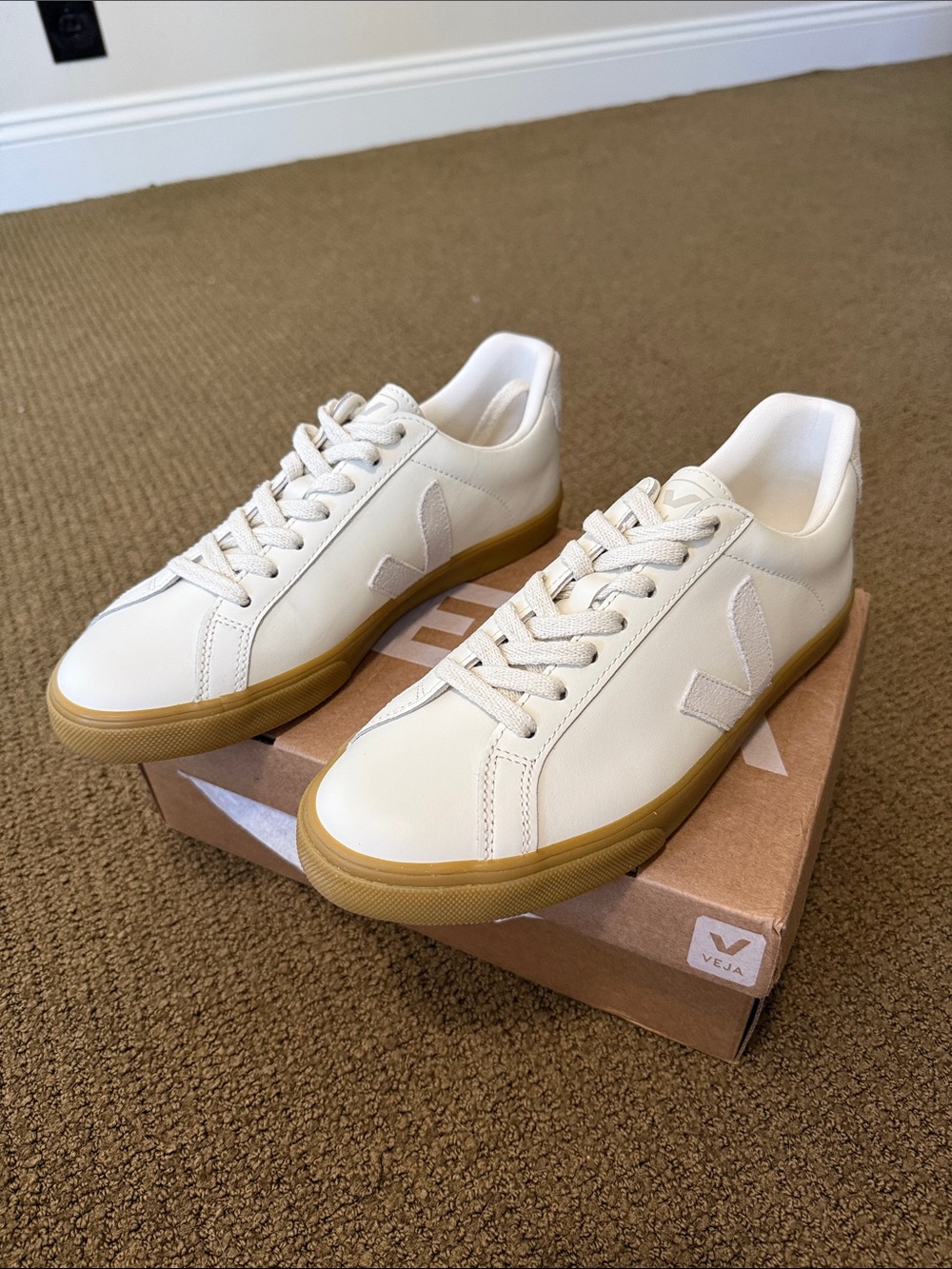 Veja Leather Low-Top Sneakers in Off-White with Gum Sole